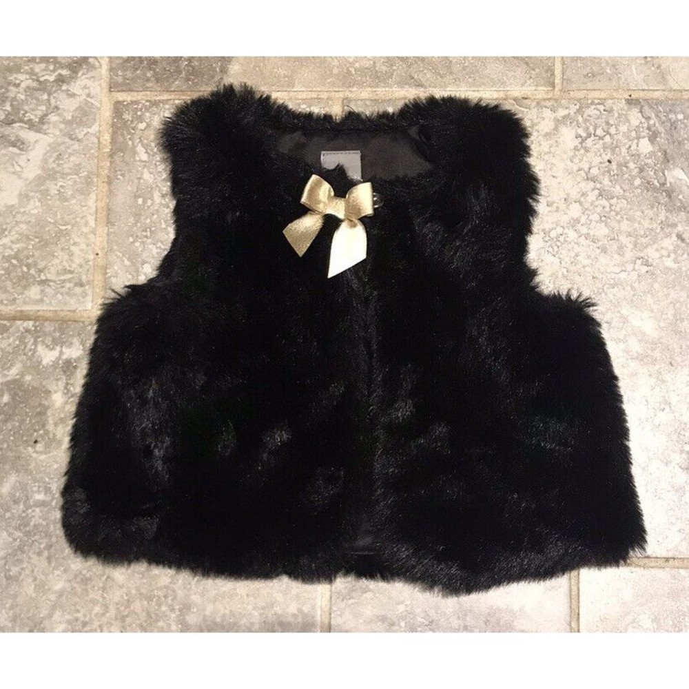 Tahari Baby Black Faux Fur Fuzzy Sweater Vest Girl’s Infant Size 18 Months Bow